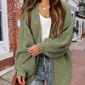 Army Green Casual Women's Solid Drop Shoulder Open Front Cardigan